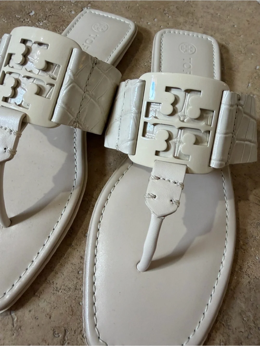 Tory Burch Cream Leather Logo Thong Sandals